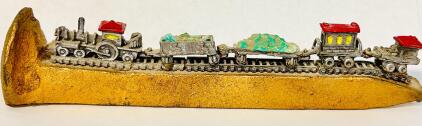 Vintage Railroad Spike With Miniature Pewter Train On Track With Cargo Cars Carrying Pieces Of Turquoise (Amargosa Valley, NV.)