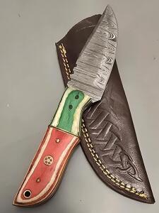 Damascus Steel Custom Hunting Knife W/ Leather Sheath