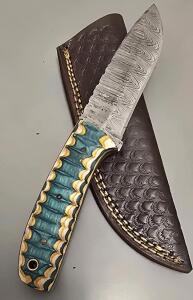 Damascus Steel Custom Hunting Knife W/ Leather Sheath