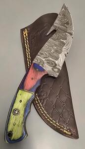 Damascus Steel Custom Hunting/Skinning Knife W/ Leather Sheath
