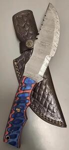 Damascus Steel Custom "Tracker" Hunting Knife W/ Leather Sheath