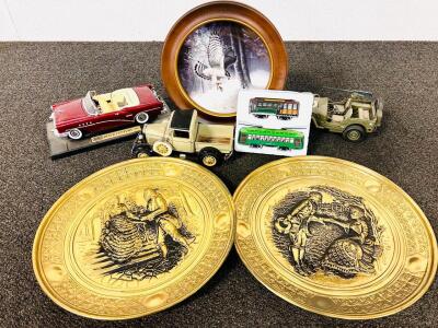 (2) Brass Trays, (2) Classic Streetcars, Collectible Plate, and (3) Collectible Model Cars