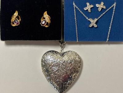 Avon Faux Amethyst Clip Earrings, Avon &ldquo;Kiss Me&rdquo; Necklace And Earrings Gift Set W/ Avon Large Heart Locket Necklace