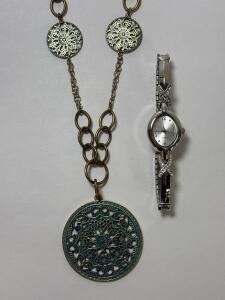 Avon Turquoise Medallion Necklace W/ Avon Quartz &ldquo;KISS Me&rdquo; Cuff Stretch Watch