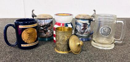 (4) Collectible Mugs, Candle Warmer, and Brass Container
