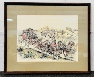 Framed Colored Print Of A Western Sketch By Artist Al Martin Napoletano. 25"x 21".