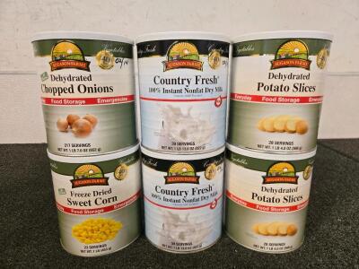 (6) 1LB Cans w/ Various Dryed Food Including: (2) Non Fat Dry Milk, (2) Potato Slices, (1) Sweet Corn, (1) Chopped Onions