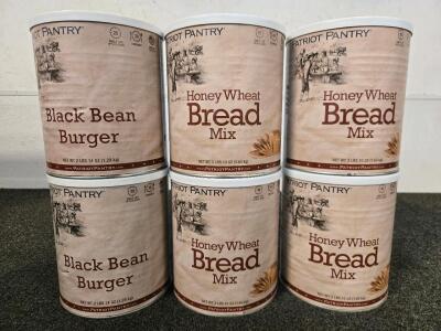 (4) 3 lbs Cans Of Honey Wheat Bread Mix & (2) 2 lbs Cans Of Black Bean Burger