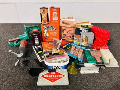 Reloading Components: RCBS Rock Chucker Supreme Single Stage Reloading Press, Powder Measure, Partial Bottles Of Smokeless Powder, White Lightning Rimfire Target Kit, Relaoding Manuals/ Books, and More