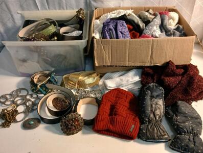 Box Of Assorted Belts & Box Of Assorted Scarfs/Beanies/Gloves