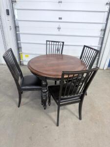 Round Wooden Dining Table Set with 4 Black Upholstered Chairs