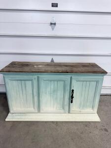 Light Blue Wood Sideboard with Natural Wood Top and Metal Handles