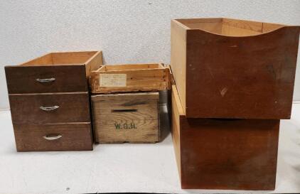 (3) Assorted Wooden Drawers (1) Vintage Small Arms Ammunition Commodity Wood Crate (1) W.G.H. Wooden Crate (2) Long Storage Wooden Boxes