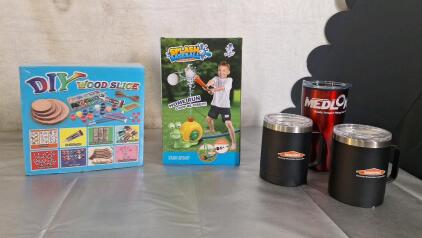 (1) DYI Wood Slice Art Kit, (1) Splash Baseball Sprinkler Toy, (2) 12-Oz Stainless Steel Insulated Mugs W/Lids & (1) 20-Oz Stainless Steel Insulated Mug W/Lid