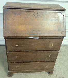 Vintage Secretary Desk, Drop Front, 3 Drawers, Brown Wood