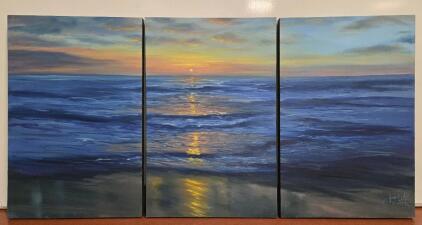 3-Panel Hand-Painted Beach/Ocean Painting (Signed by Artist)