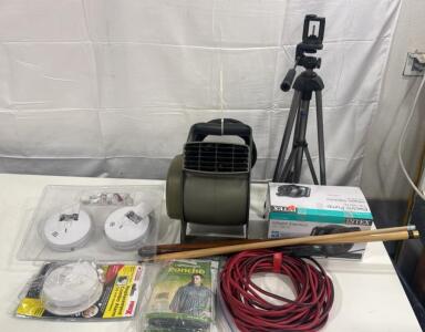 (3) Smoke Detectors (1) AirKing 3Speed Fan (1) Intex Quick Fill Inflator (1) 2-Piece Pool Que (1) Extension Cord (2) Lightweight Poncho (1) Tri-Pod