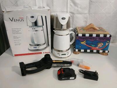 (1) Saeco Venus White 8 Cup Drip Coffee Maker Stainless Steel And Thermal Ceramic (1) 6" Cordless Mini Chainsaw (1) Trinkets Box