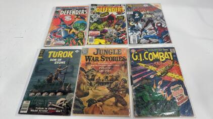 (2) Vintage The Defenders Comic Books (1) The Amazing Spider Man (1) Turok Son Of Stone (1) Jungle War Stories (1)G.I. Combat