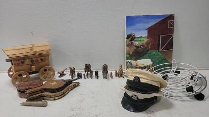Diverse Collection of Vintage Collectibles with Naval Hats and Animal Figurines