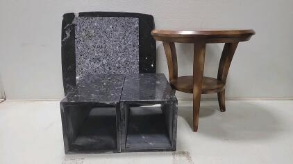 Marble Pedestals and Round Wooden Table, Contemporary Style