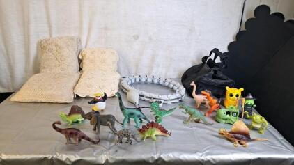(4) Decorative Pillows. (1) Weighted Digital Hula Hoop & Assorted Toy Figures