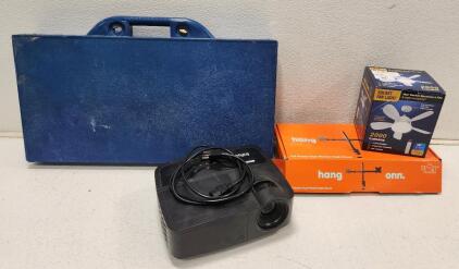 (1) InFocus DLP Projector (1) onn 13" - 32" Full Motion Dual Monitor Desk Mount (1) Socket Fan Light And More
