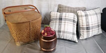 (1) Vintage Picnic Basket, (1) Vintage Cookie Jar & (3) 16" x 16" Pillows