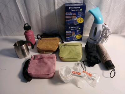 (3) Travelon Cross Body Suede Bag (2) Samsonite Space-Savers Pavking Bags (1) My Little Electric Steamer & More