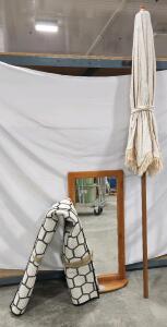 (1) 93"H Fringed Outdoor Patio Umbrella (1) 41"H X 19 1/2"W Mid-Century Modern Wooden Mirror (1) 8'7 1/2" X 5'11" Geometric Area Rug