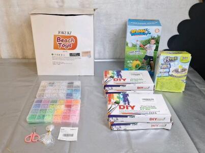 (1) 6300-Piece Bead Set, (1) Set Of Beach Toy, (4) Paint By Number Kits, (1) Gifee2 Art Kit & (1) Splash Baseball Toy