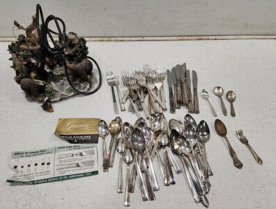 (1) Vintage Classic Treasures Musical Bears And Wolves Water Fountain (1) Set of Vintage Tudor Plate Silver-Plated Flatware by Oneida Community And Other Small Silver Plated And Stainless Steel Utensils