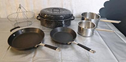 (1) Roasting Pan W/ Lid, (2) Circulon Frying Pans, (2) Cuisinarts Pots & (1) Metal Basket