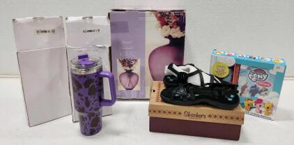 (1) Vintage Frosted Lavender Glass Vase (1) My Little Pony Crochet Kit (1) Skechers Reggae Slim-Razzle Dazzle sandal (3) Purple And Black Spotted Stanley Style Cups