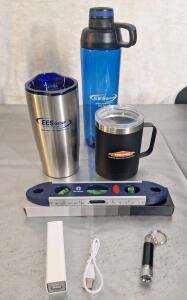 (1) 9" Torpedo Level, (1) 2200mhA Power Bank, (1) Mini LED Flashlight, (1) 15-Oz Stainless Steel Insulated Mug W/ Lid, (1) 20-Oz Stainless Steel Mug W/ Lid & (1) 24-Oz Water Bottle