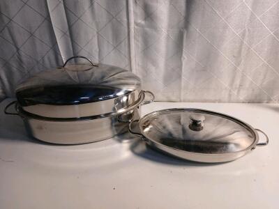 (1) 18" Culinary Essentials Stainless Steel Oval Roasting Pot (1) Wolfgang Puck Bristo Collection 15" Stainless Steel Oval Casserole Dish