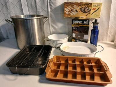 (1) 24qt Stainless Steel Stock Pot (1) Bell Howell Bionic Solar Powered Floodlight (2) Corning Ware Ceramic Baking Dishes & More
