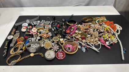 Large Assortment Of Costume Jewelry- Necklaces, Watches , Earrings & Pins
