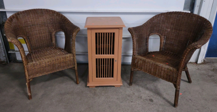 (2) Wicker Weaved Patio Chairs & (1) 16&frac12;"x 16&frac12;"x 30" Wooden Wine Rack