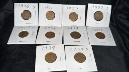 Assorted Lot Of Pennies (1) 1936-S, (2) 1937, (1) 1937-S, (1) 1937-D, (2) 1938, (1) 1938-S, (1). 1939, (1) 1939-S