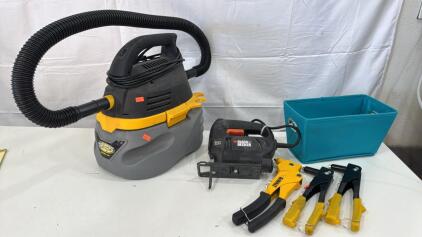 (1) Stinger Wet/Dry Vac , (1) Black & Decker Jig Saw ,(3) Rivet Guns