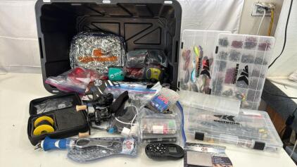 Assorted Fishing Items In Tote - Tackle Trays W/Lures , Under Water Cameras, Bait Cast Reels , Rod Sleeves & Much More