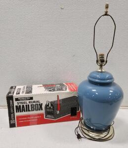 (1) Glossy Blue Porcelain Ginger Jar Style Table Lamp (1) Steel City Corp Steel Rural Mailbox Black Model 1-C