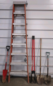 (1) Drain Spade, (2) Assorted Sized Shovels, (1) Post Hole Digger, & (1) 8' Louisville "A" Ladder