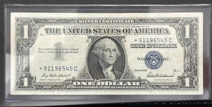 1957 Silver Certificate Star One Dollar Bill, Serial 91196545C, Blue Seal