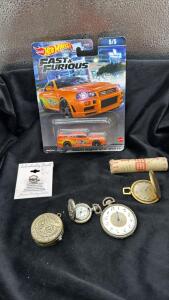 (1) 1973 Untouched Roll Of Pennies (1) Sterling Silver Bead (4) Pocket Watches (1) Fast & Furious Skyline Hot Wheels