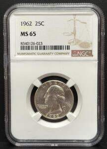1962 Washington Quarter, MS 65, NGC Certified, Serial 97048390