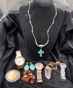 Assorted Lot Of Women&rsquo;s Jewelry- Watches, Necklaces, Polished Stones , Marathon Medal