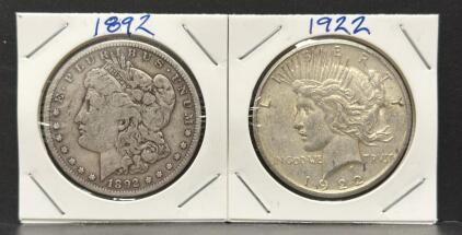 1892 Morgan Dollar & 1922 Peace Dollar, 90% Silver, United States Mint