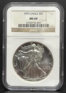 1992 American Silver Eagle $1 Coin, MS 69, NGC Graded, Serial 1210710-261